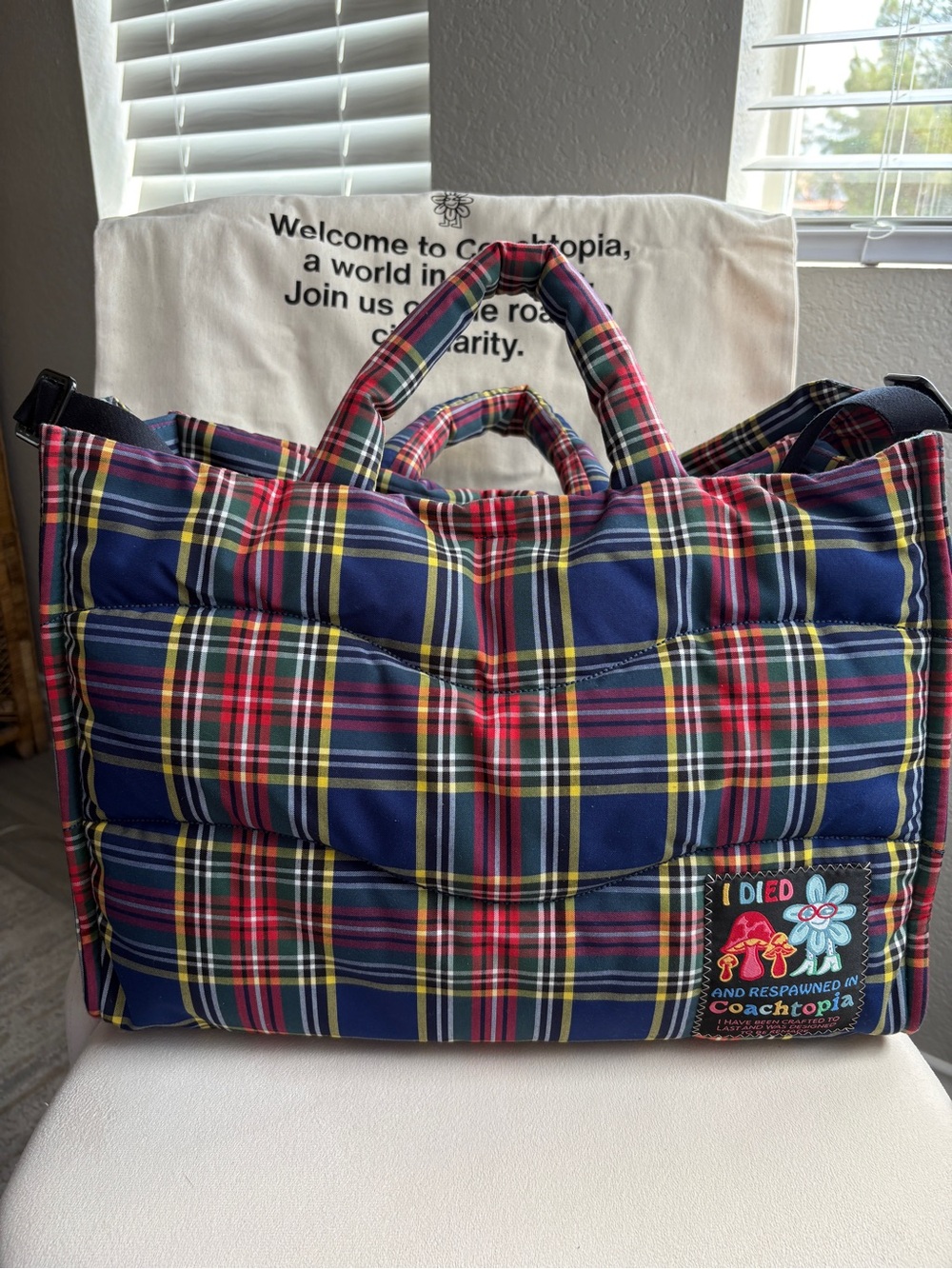 Coachtopia Quilted Multicolor Plaid Tote — Blue, Red, Green, Yellow - Picture 2 of 7